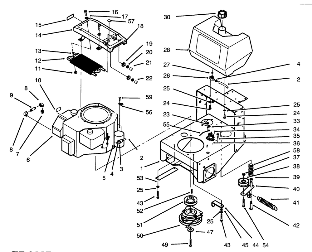 Frame, Engine, Fuel Tank, Clutch & Cooler Ass-Y Diagram and Parts List for 30186 590001 - 599999 Toro Lawn Tractor Accessories