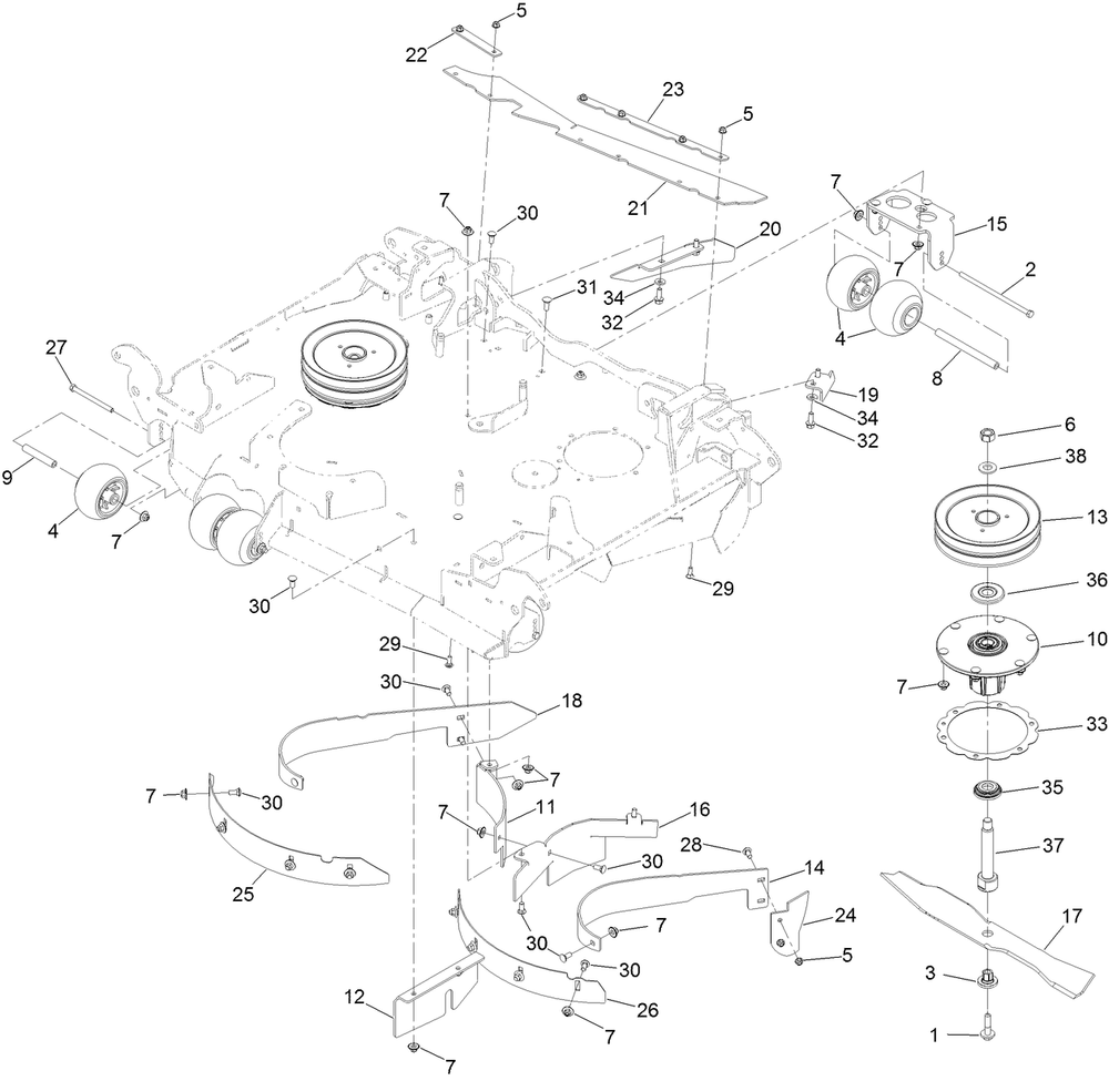 Center Deck Spindle, Baffle And Roller Assembly Diagram and Parts List for 72096 406343181-407109999 Toro Lawn Tractor