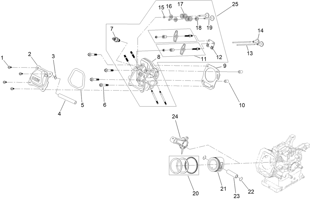 Piston And Head Assembly Diagram and Parts List for 38721 409000000 - 411499999 Toro Snow Blower