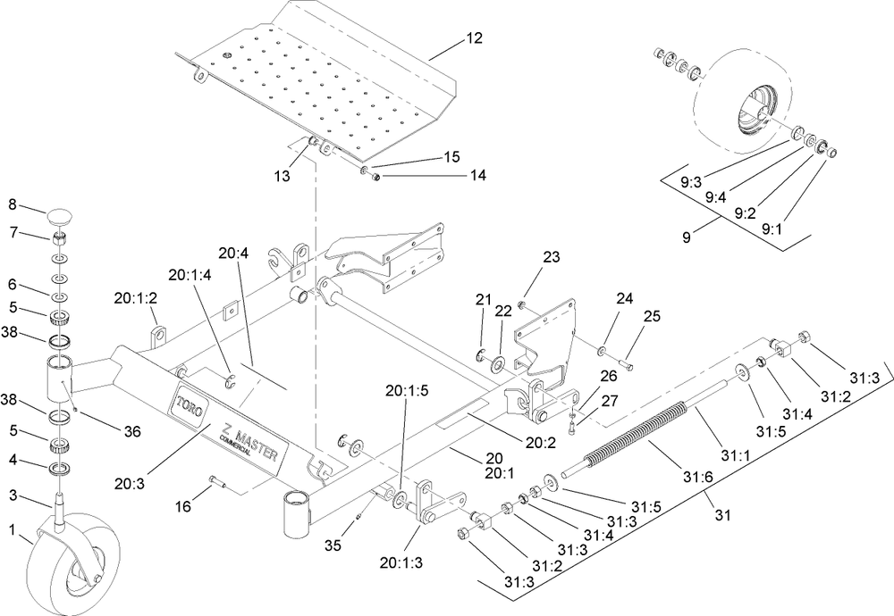 Front Frame And Caster Wheel Assembly Diagram and Parts List for 74448 (280000001-280999999)(2008) Toro Lawn Mower