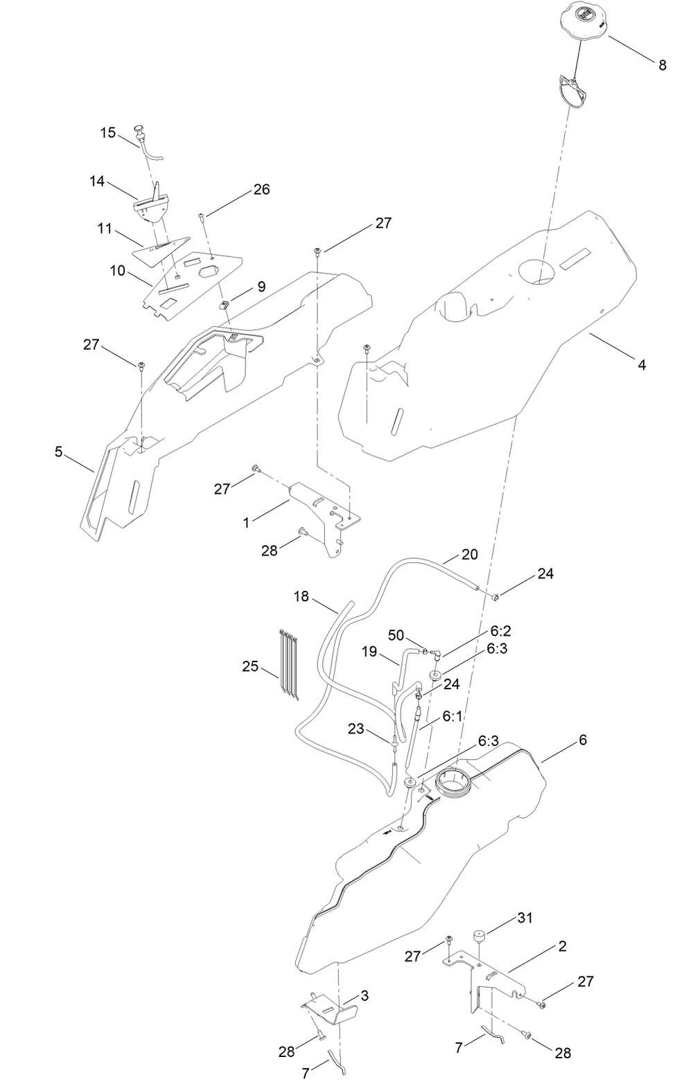 Fuel Pod Assembly Diagram and Parts List for 75746TA 410040000 - 411599999 Toro Lawn Tractor