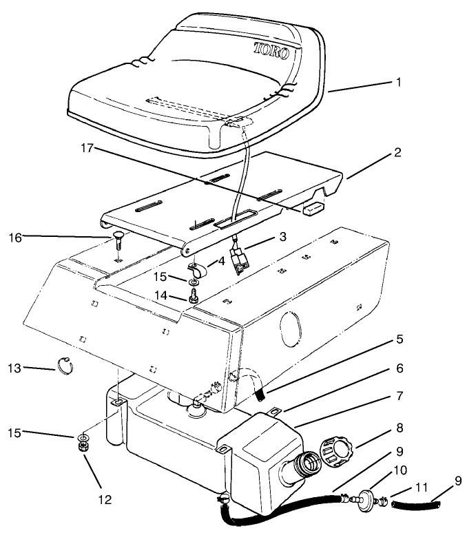 Seat & Gas Tank Assembly Diagram and Parts List for 70060 59000001 - 59999999 Toro Lawn Tractor