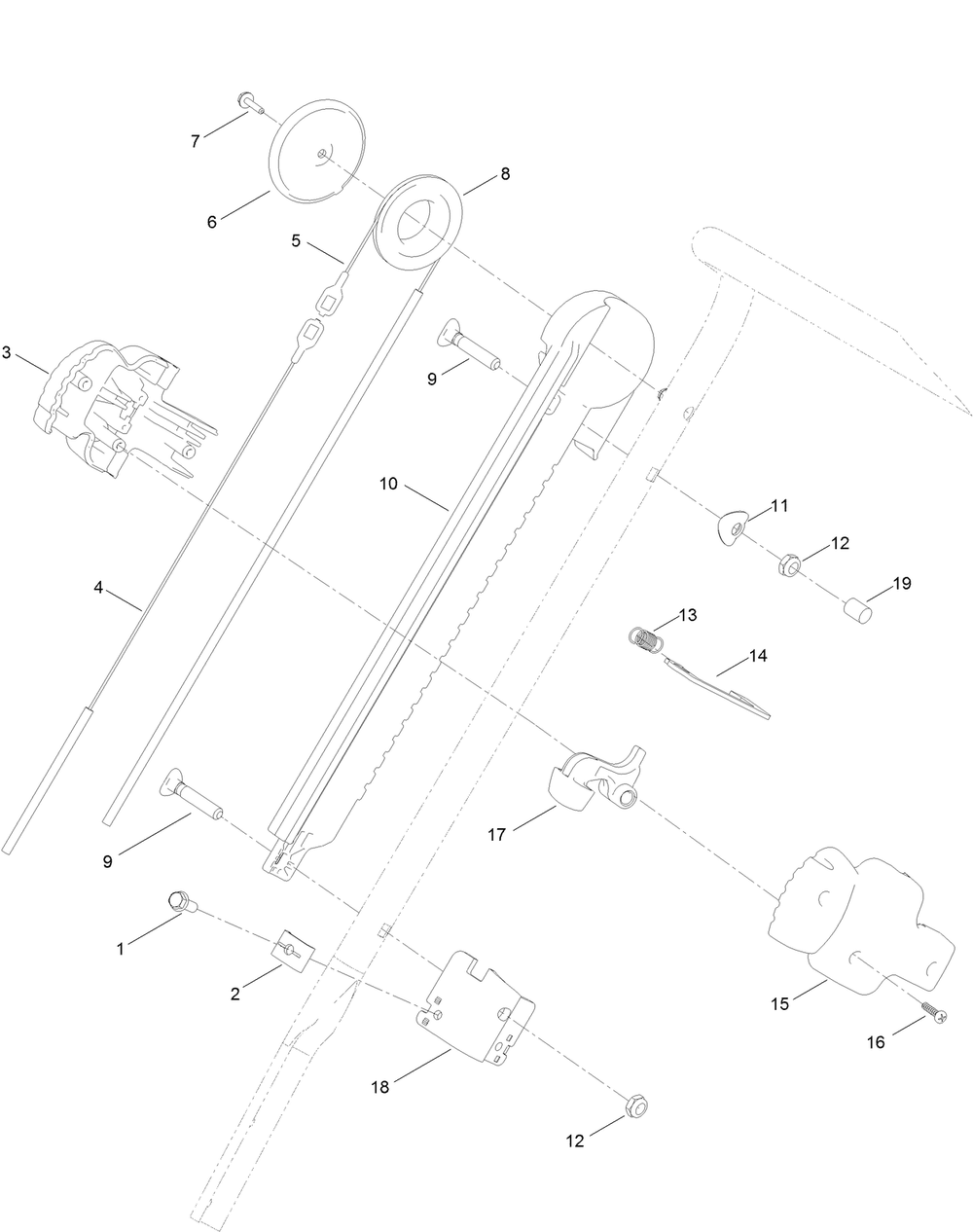 Handle Chute Control Assembly Diagram and Parts List for 38756 413986045 - 415999999 Toro Snow Blower
