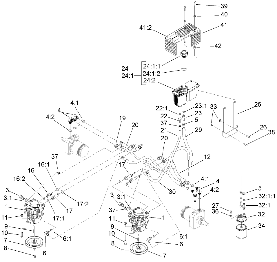Hydraulic System Assembly Diagram and Parts List for 74418TE (270002001-270999999)(2007) Toro Lawn Mower