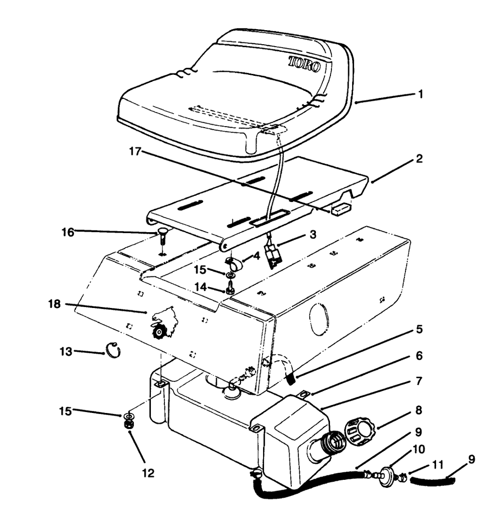 Seat & Gas Tank Assembly Diagram and Parts List for 70040 7900001 - 7900578 Toro Lawn Tractor