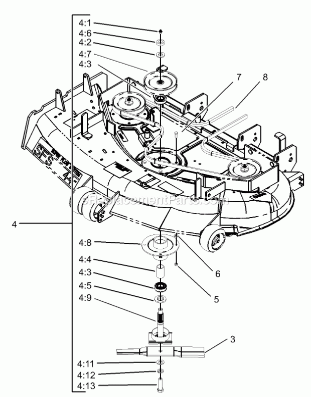 Deck Spindle Assembly Diagram and Parts List for 74177 230000001-230007000 Toro Lawn Mower
