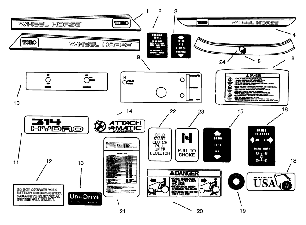Decals Diagram and Parts List for 73401 4900001 - 4999999 Toro Lawn Tractor