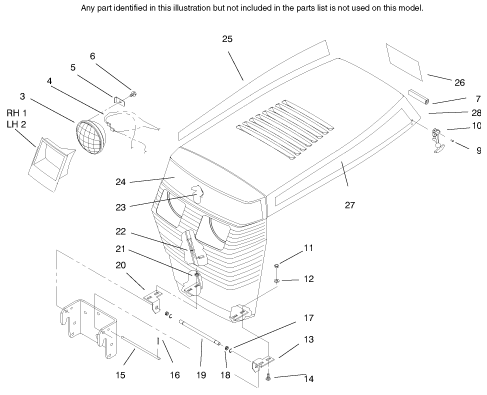 Hood Assembly Diagram and Parts List for 73363 7900001 - 7999999 Toro Lawn Tractor