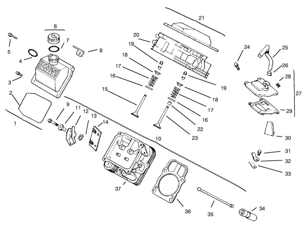 Cylinder Head, Valve & Breather Diagram and Parts List for 30612 890001 - 899999 Toro Lawn Tractor