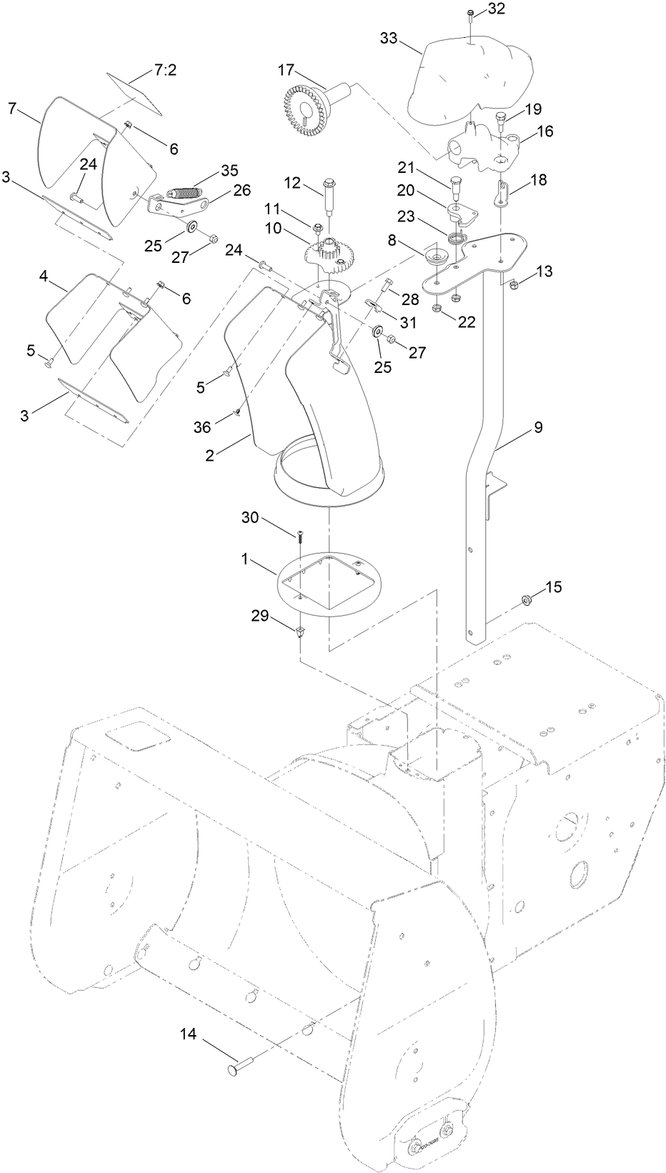 Chute Assembly Diagram and Parts List for 38870 409000000 - 999999999 Toro Snow Blower
