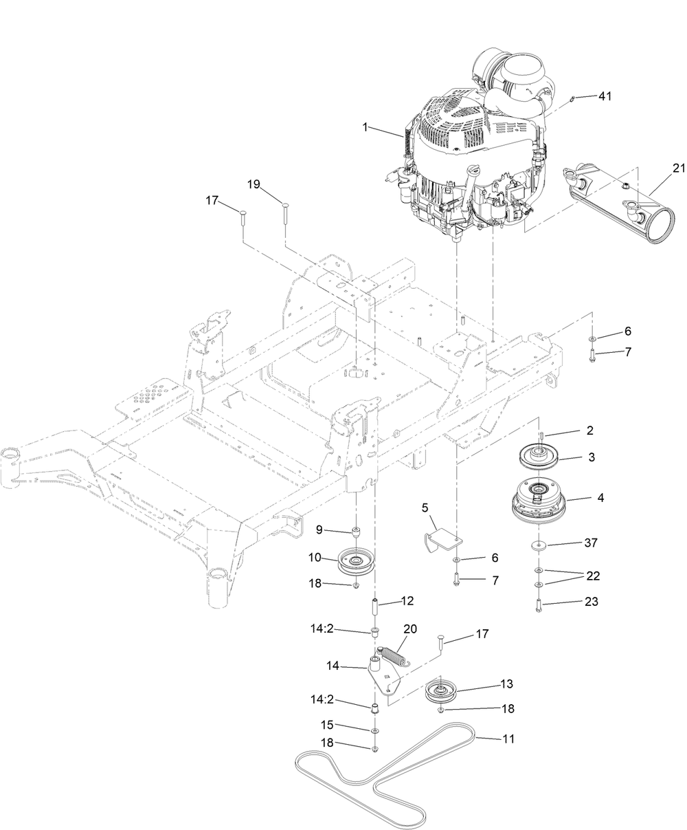 Engine, Clutch And Muffler Assembly Diagram and Parts List for 77288 400000000 - 999999999 Toro Lawn Tractor