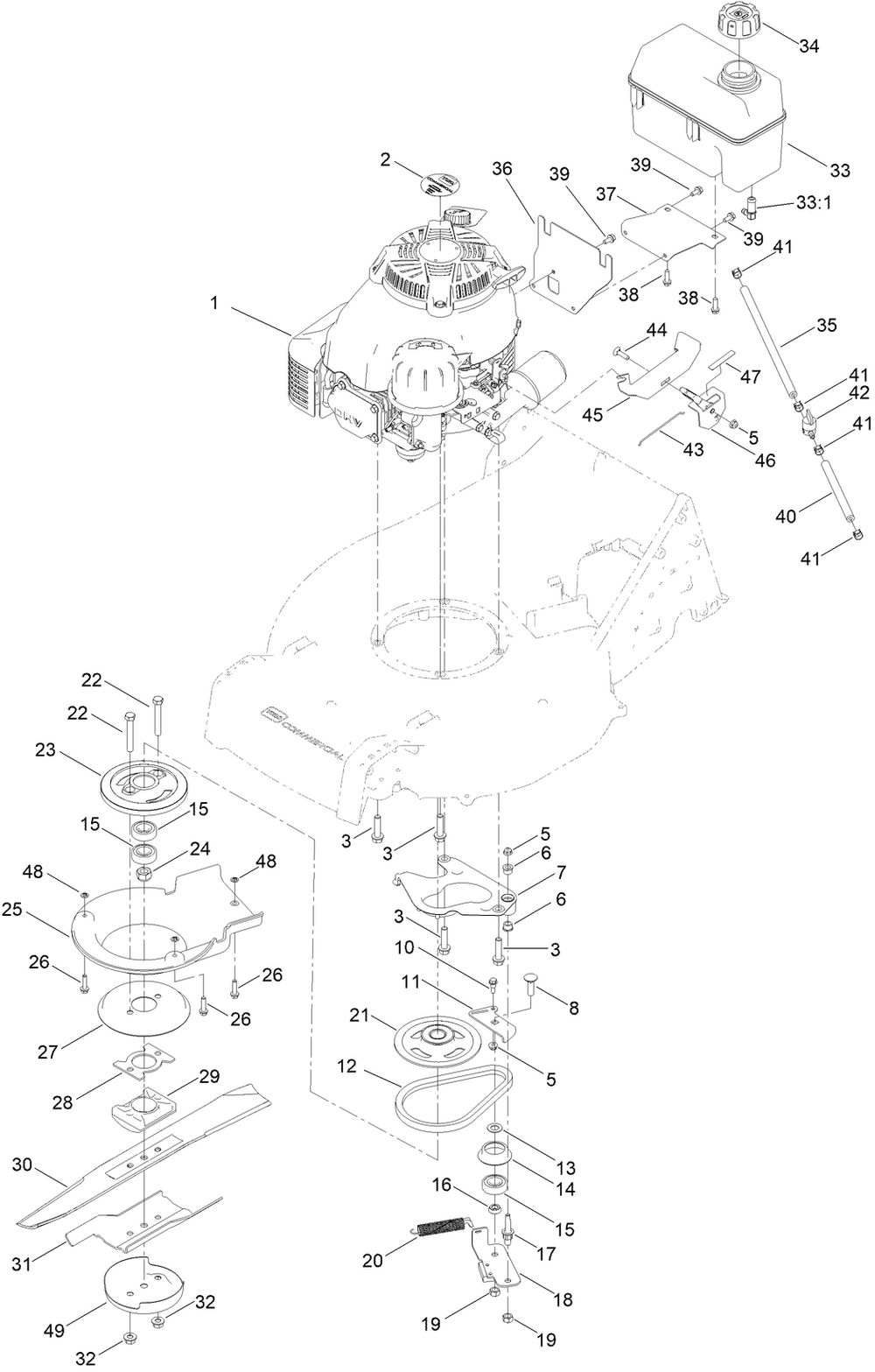 Engine And Blade Assembly Diagram and Parts List for 22285 400000000-999999999 Toro Lawn Mower