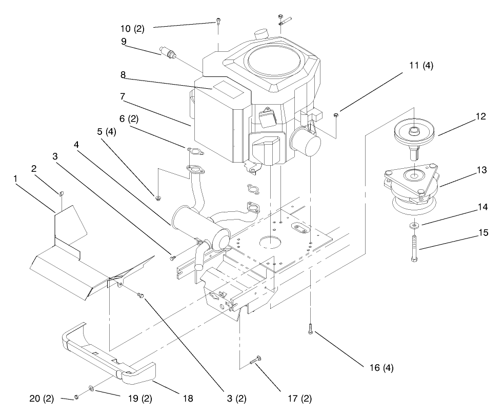 Twin Cylinder Engine, Muffler, And P.T.O. Diagram and Parts List for 72104 8900001 - 8900599 Toro Lawn Tractor