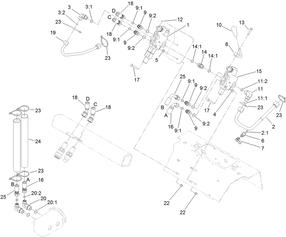 Auxiliary Valve And Selector Valve Assembly Diagram and Parts List for 22318 409342969 - 409809999 Toro Lawn Tractor Accessories