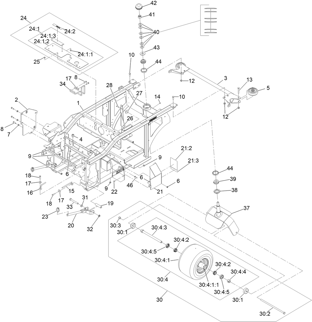 Main Frame Assembly Diagram and Parts List for 74316 400000000 - 999999999 Toro Lawn Tractor