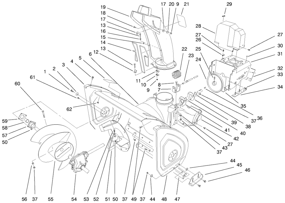 Housing And Chute Assembly Diagram and Parts List for 38542 99000001 - 99999999 Toro Snow Blower