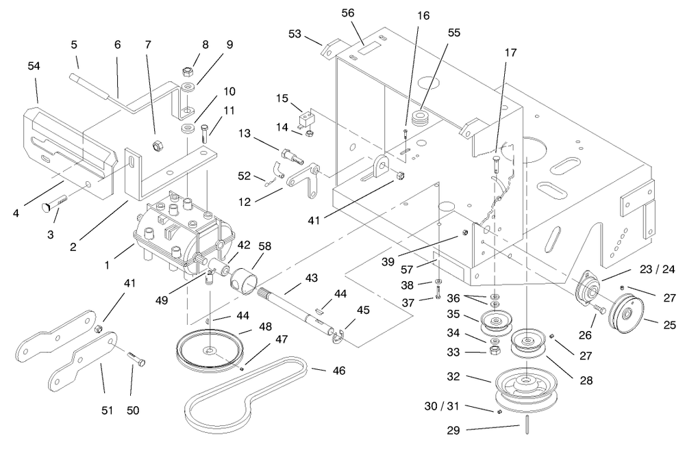 Transmission, Pulleys And Drive Belt Diagram and Parts List for 30193 990251 - 999999 Toro Lawn Mower