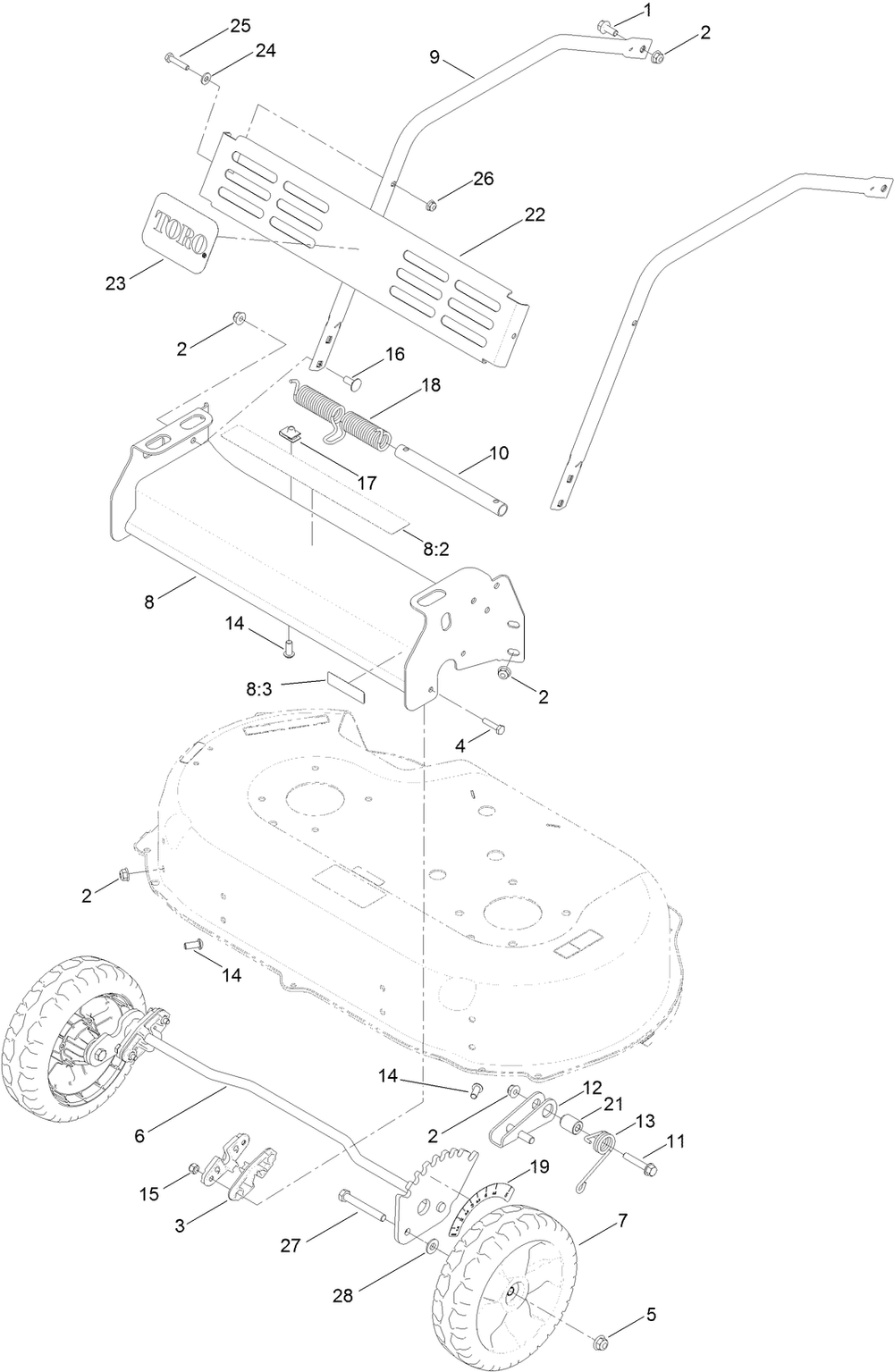 Front Bumper And Wheel Assembly Diagram and Parts List for 22210 (316000001-316999999)(2016) Toro Lawn Mower