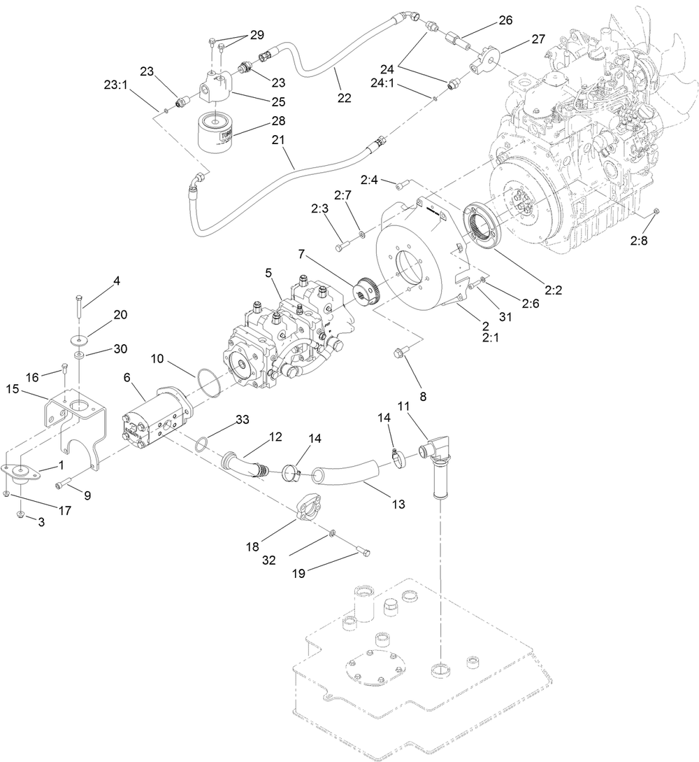 Tandem Pump And Gear Pump Assembly Diagram and Parts List for 22327HD 401900000 - 401999999 Toro Lawn Tractor Accessories