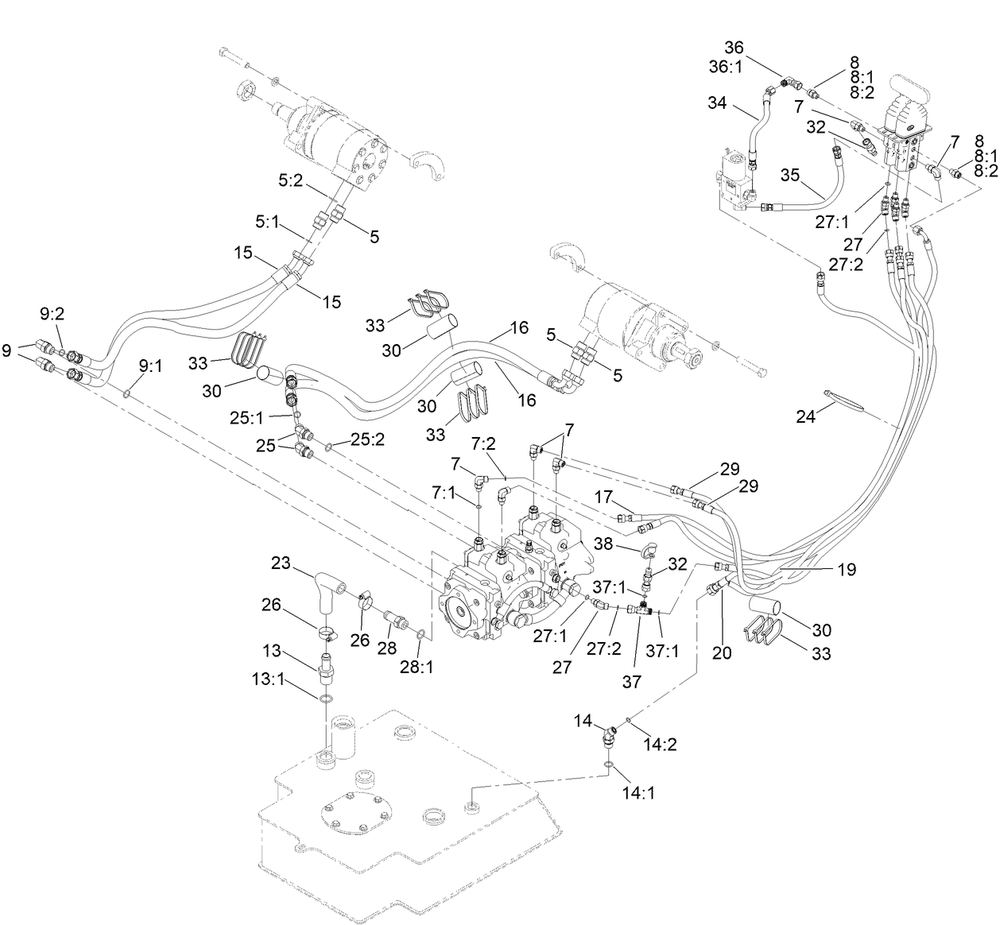 Hydraulic Hose Assembly Diagram and Parts List for 22327G 409990000 - 410479999 Toro Lawn Tractor Accessories