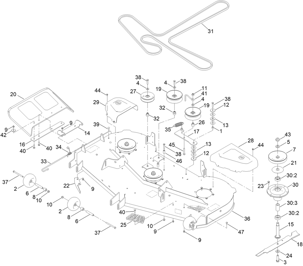 60in Deck Assembly Diagram and Parts List for 76601 413000000 - 414709525 Toro Lawn Tractor