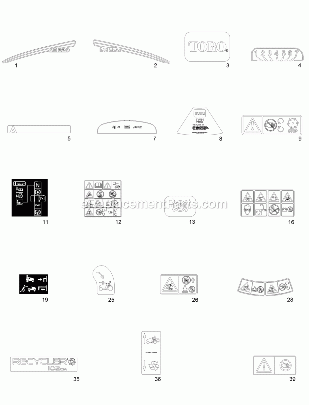 Decal Assembly Diagram and Parts List for 74596 315000001-315999999 Toro Lawn Mower