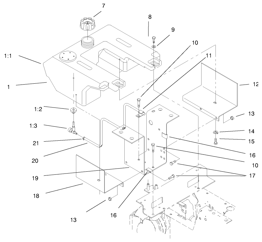 Fuel Tank Assembly Diagram and Parts List for 73363 7900001 - 7999999 Toro Lawn Tractor