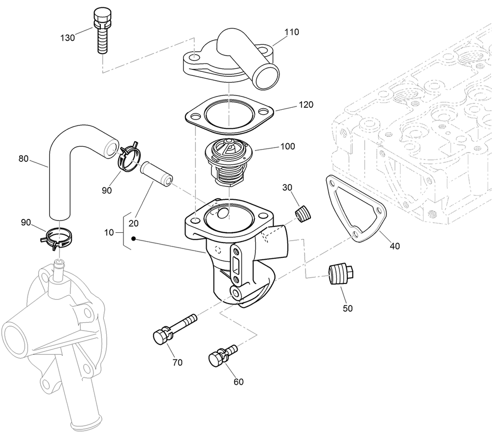 Water Flange And Thermostat Assembly Diagram and Parts List for 74264TE (314000001-314999999)(2014) Toro Lawn Mower