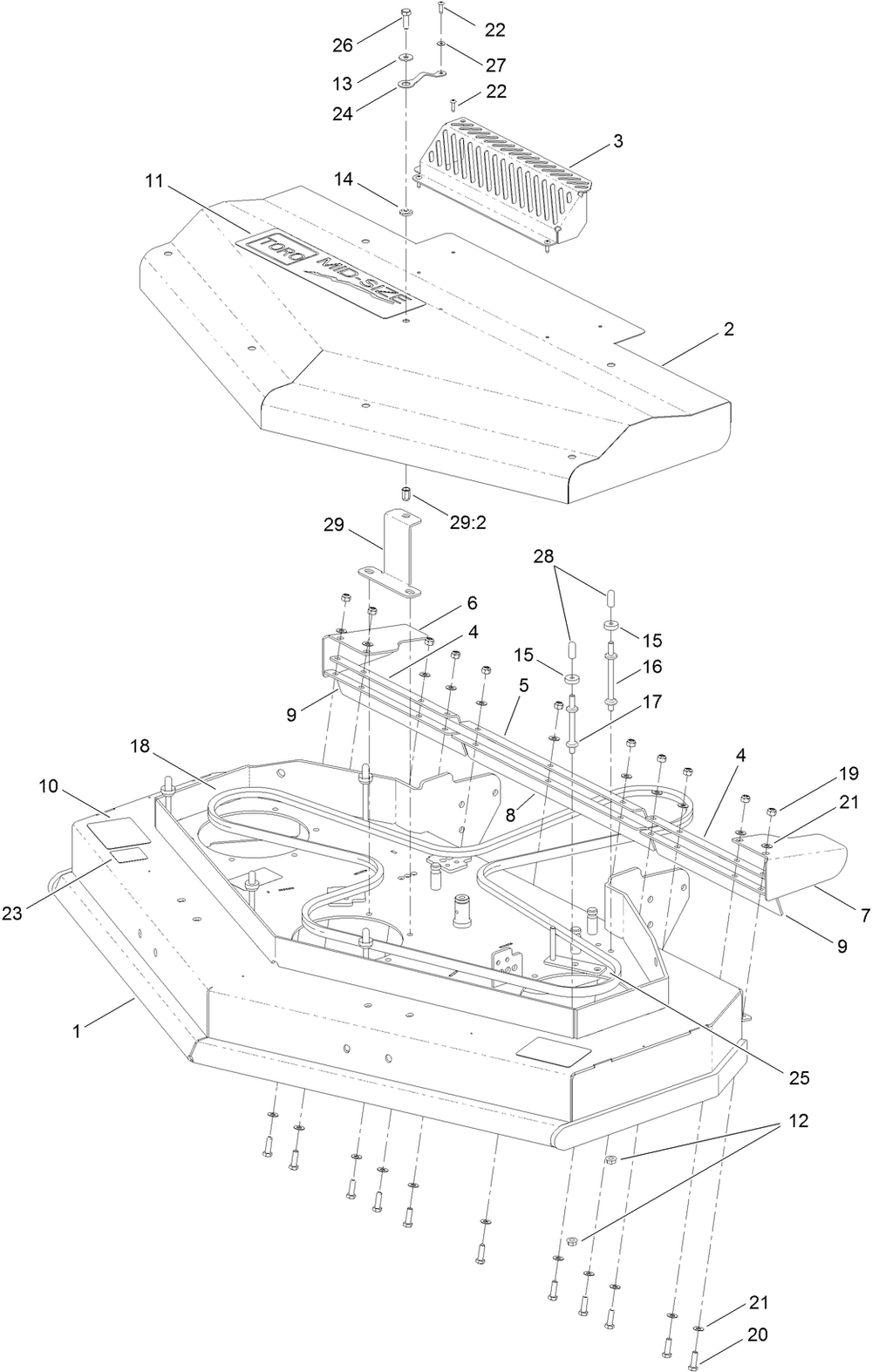 48 Inch Deck And Cover Assembly Diagram and Parts List for 2712 312000001 - 312999999 Toro Lawn Tractor Accessories