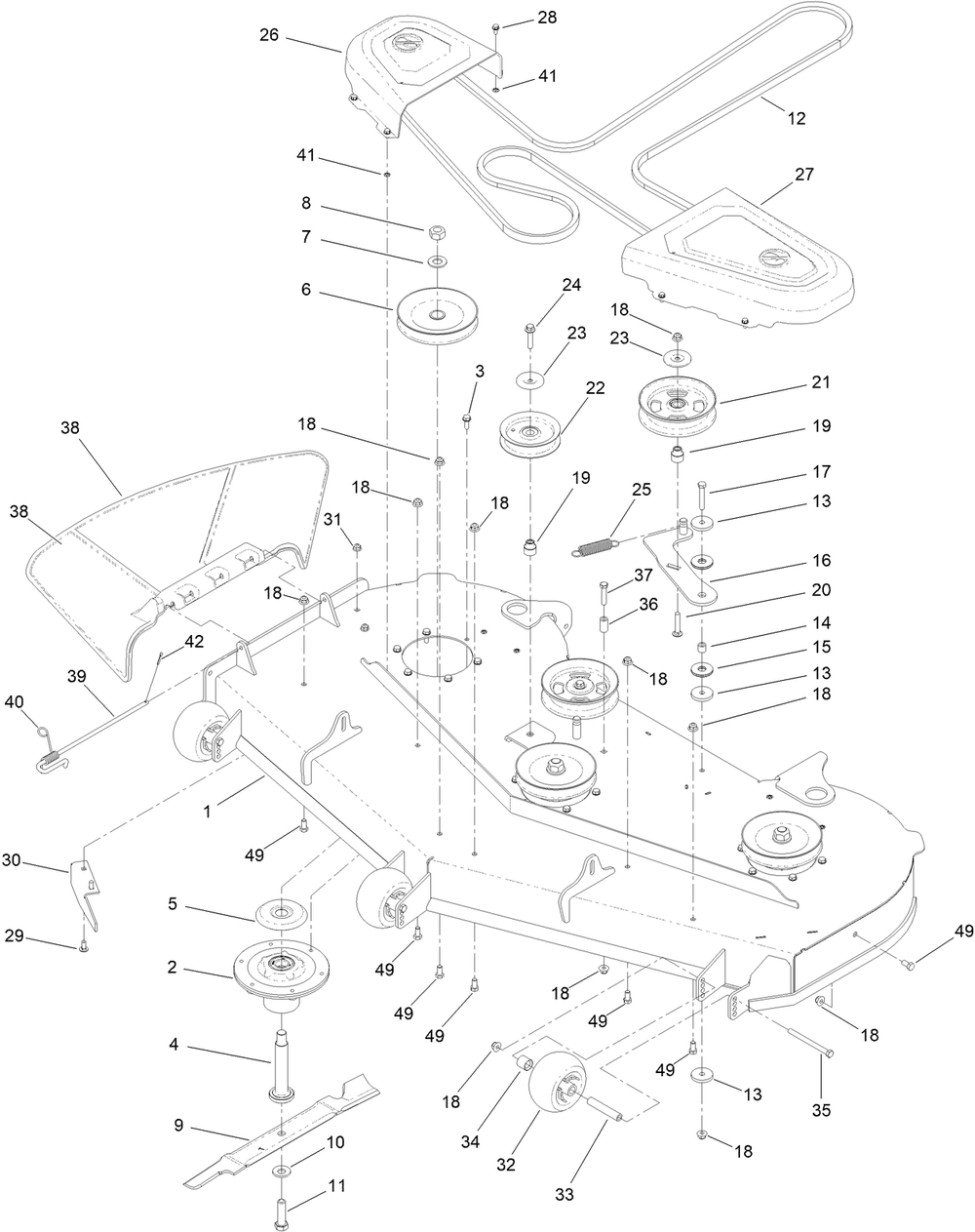 60 Inch Deck Assembly Diagram and Parts List for 44430 413000000 - 999999999 Toro Lawn Mower