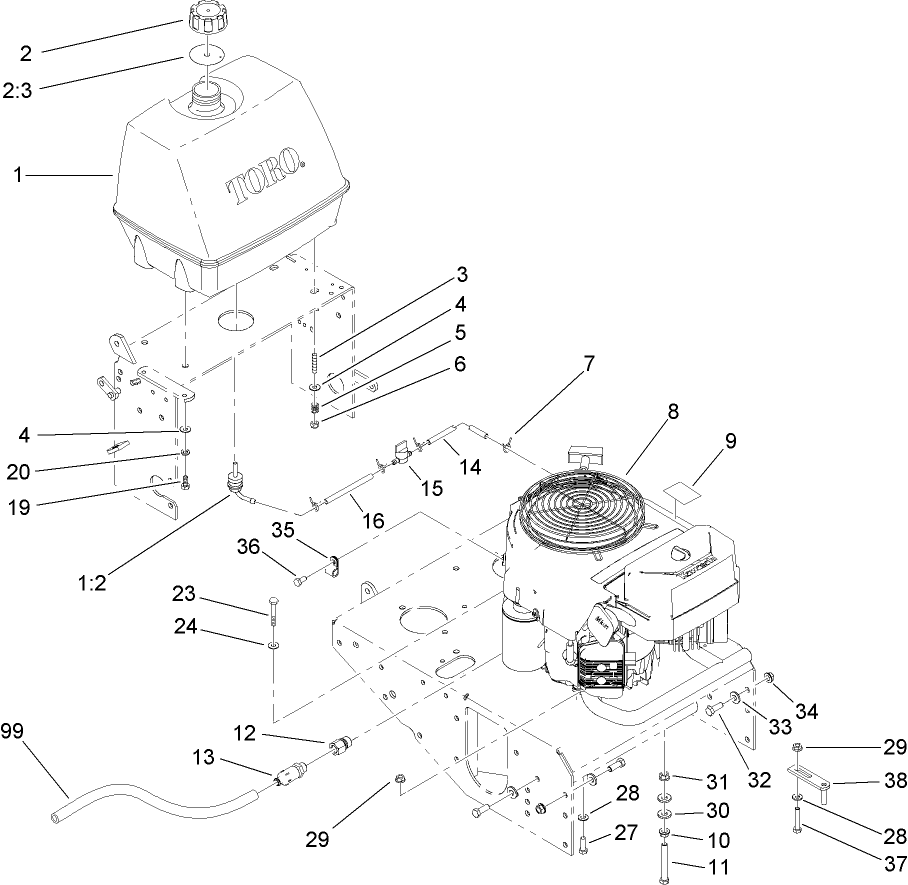 Engine And Fuel Tank Assembly Diagram and Parts List for 39984 (280000001-280999999)(2008) Toro Lawn Mower