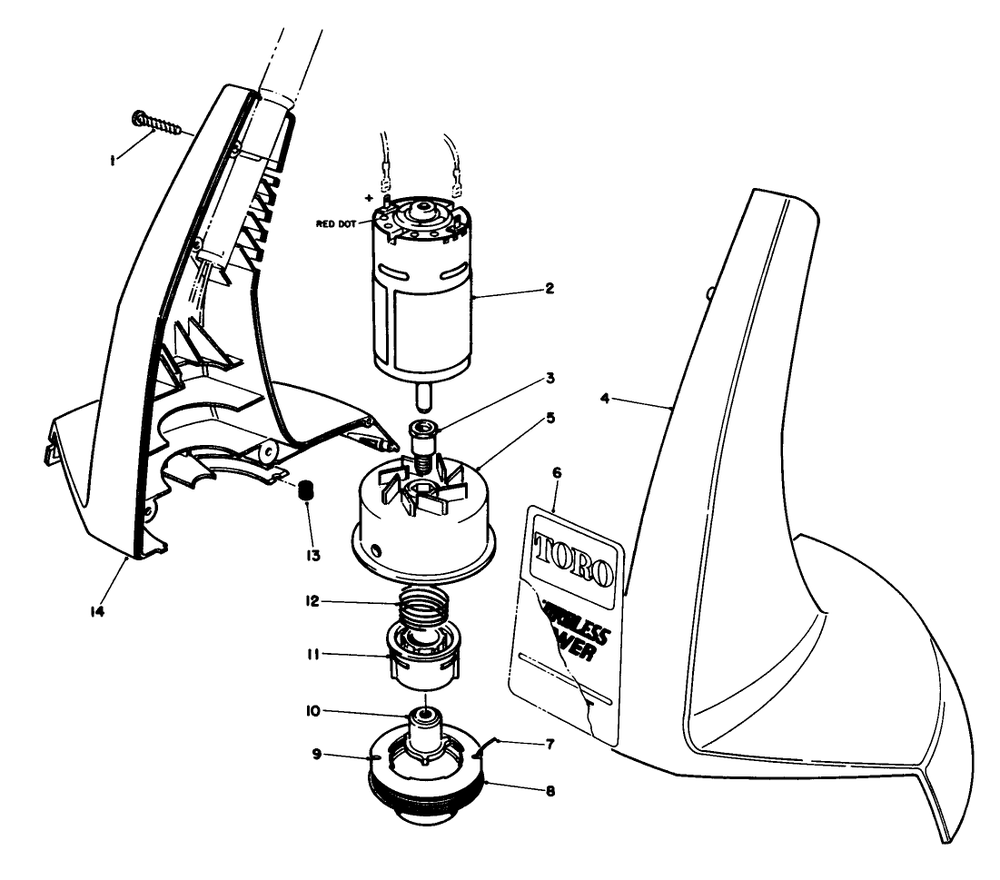 Motor And Housing Assembly Diagram and Parts List for 51720 0000001 - 0999999 Toro Trimmer