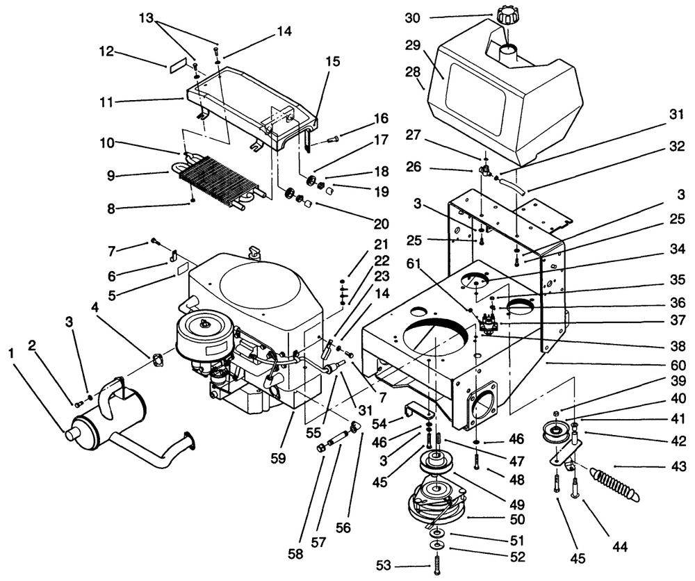 Frame, Engine, Fuel Tank, Clutch & Cooler Ass-Y Diagram and Parts List for 30190 10000001 - 19999999 Toro Lawn Tractor Accessories