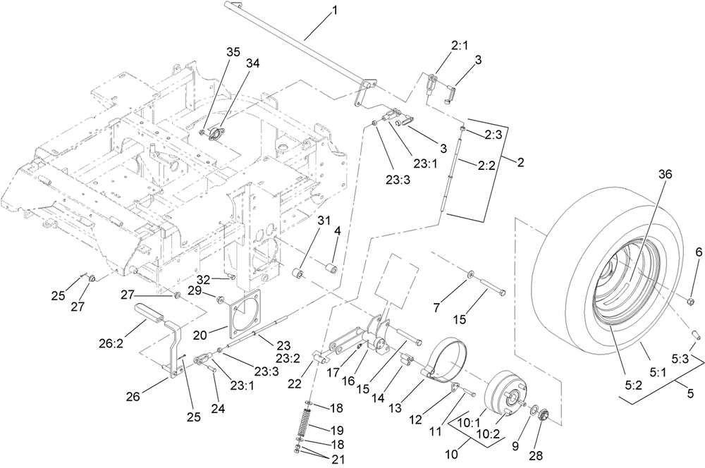 Main Frame And Rear Wheel Assembly Diagram and Parts List for 74274 (313000001-313999999)(2013) Toro Lawn Mower