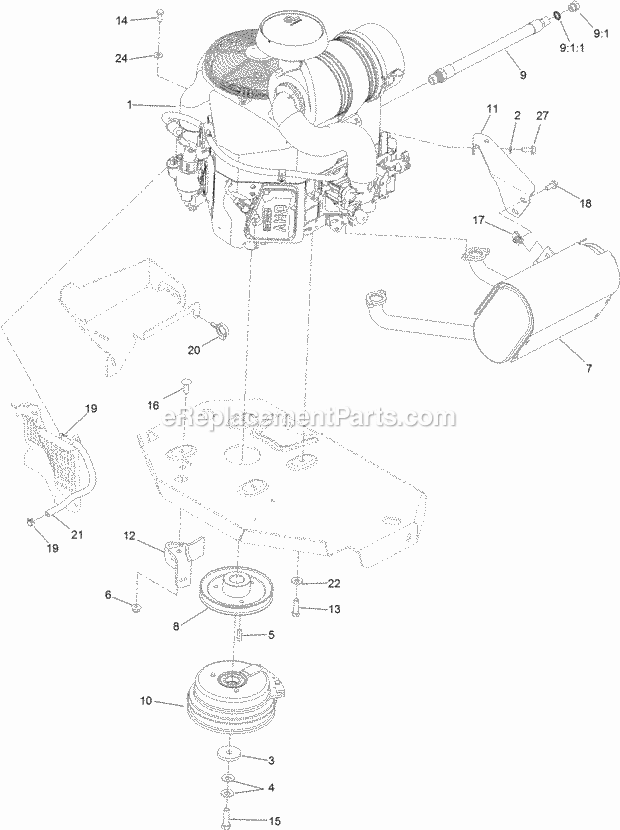 Engine, Clutch And Muffler Assembly Diagram and Parts List for 74957 315000001-315999999 Toro Lawn Mower