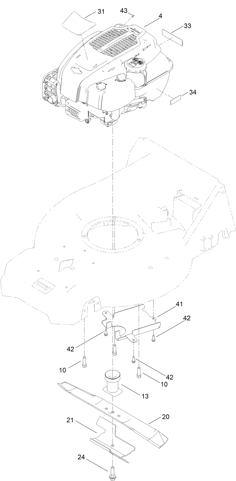 Engine And Blade Assembly Diagram and Parts List for 21564 413000000 - 999999999 Toro Lawn Mower