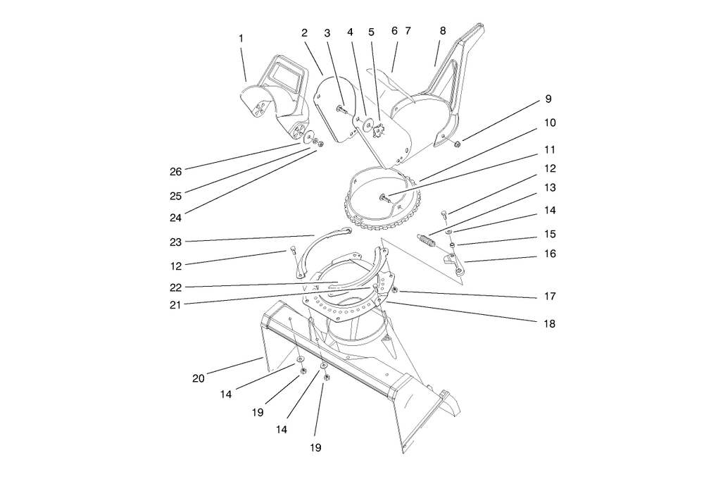 Discharge Chute Assembly Diagram and Parts List for 38417 8900001 - 8999999 Toro Snow Blower