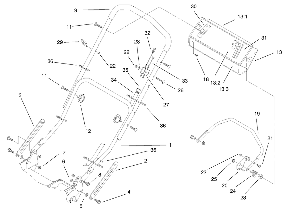 Handle Assembly Diagram and Parts List for 20786 9900001 - 9999999 Toro Lawn Mower