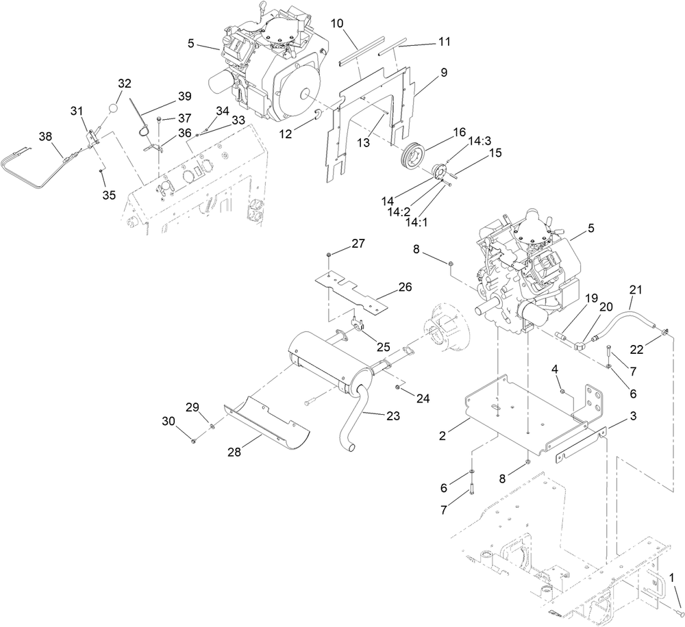 Engine, Exhaust And Control Lever Assembly Diagram and Parts List for 22322 407400000 - 407999999 Toro Lawn Tractor Accessories