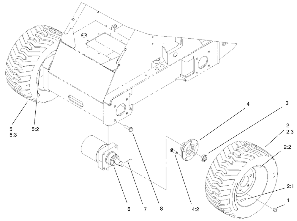 Wheel And Motor Assembly Diagram and Parts List for 22305TE 990001 - 999999 Toro Lawn Tractor Accessories