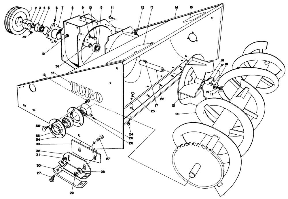 Auger Housing Diagram and Parts List for 30573 90001 - 99999 Toro Snow Blower