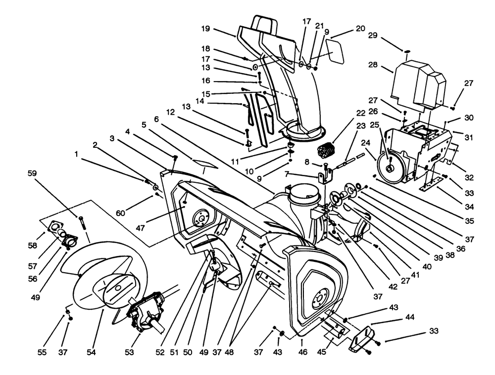 Housing & Chute Assembly Diagram and Parts List for 38555 3900001 - 3999999 Toro Snow Blower