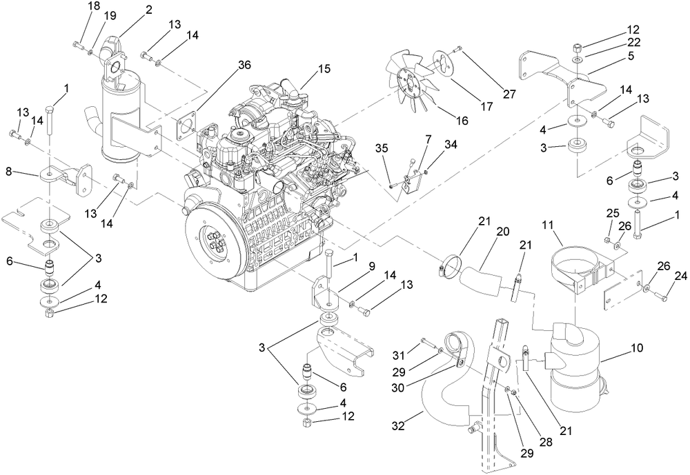 Engine, Exhaust And Air Intake Assembly Diagram and Parts List for 74265TE (270000001-270999999)(2007) Toro Lawn Mower