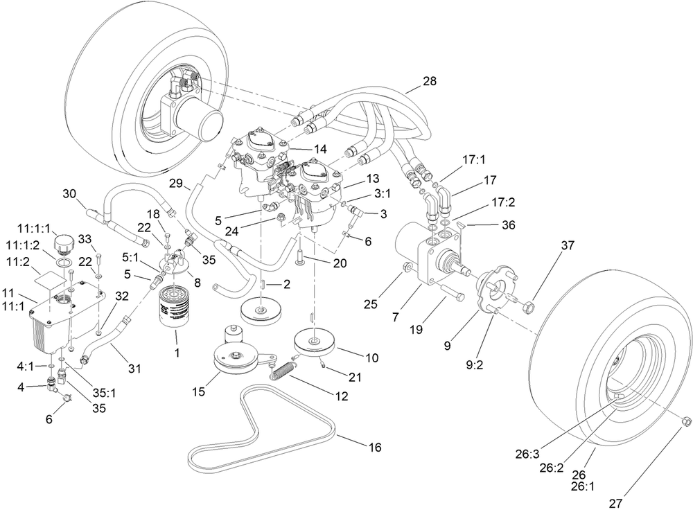 Traction Drive Assembly Diagram and Parts List for 74534TE 418000000 - 999999999 Toro Lawn Tractor