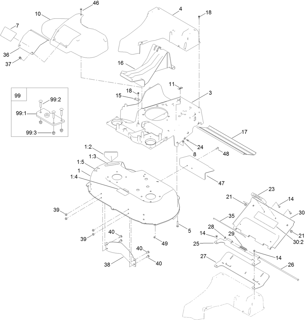 Deck, Frame And Chute Assembly Diagram and Parts List for 22210 404320000-999999999 Toro Lawn Mower