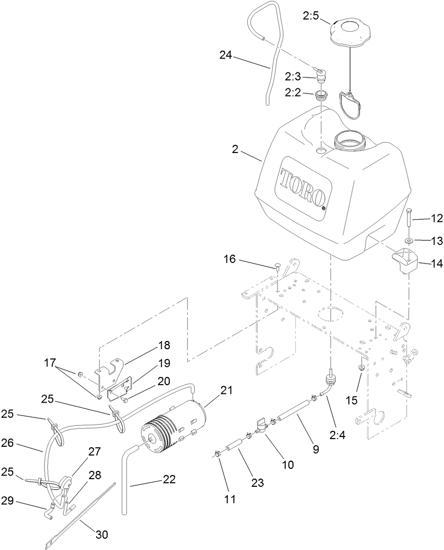 Fuel System Assembly Diagram and Parts List for 39934 (311000001-311999999)(2011) Toro Lawn Mower