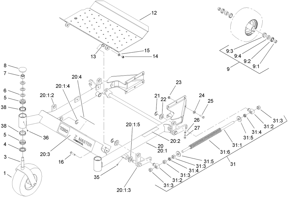 Front Frame Assembly Diagram and Parts List for 74416TE (280000001-280999999)(2008) Toro Lawn Mower