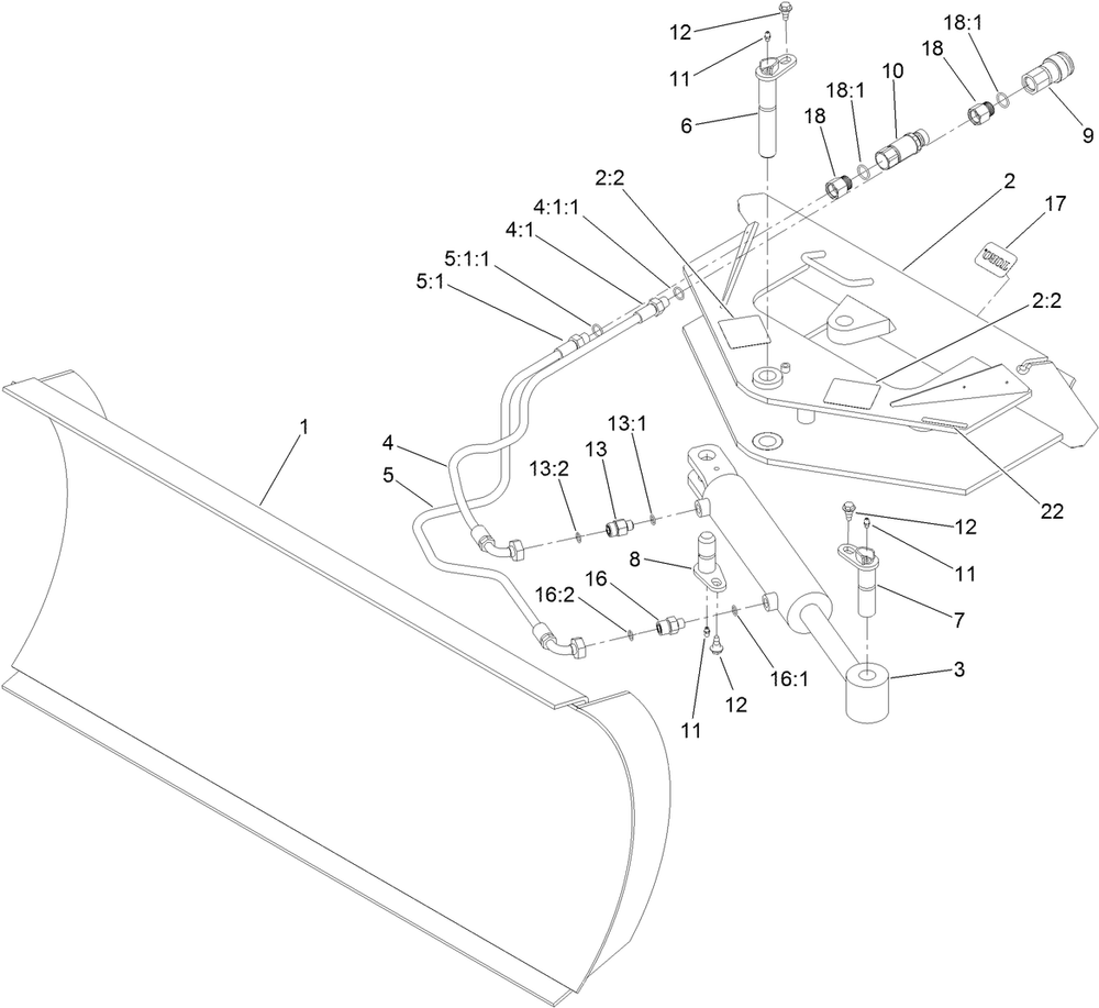 Hydraulic Blade Assembly Diagram and Parts List for 22414 404000000 - 411899999 Toro Lawn Tractor Accessories