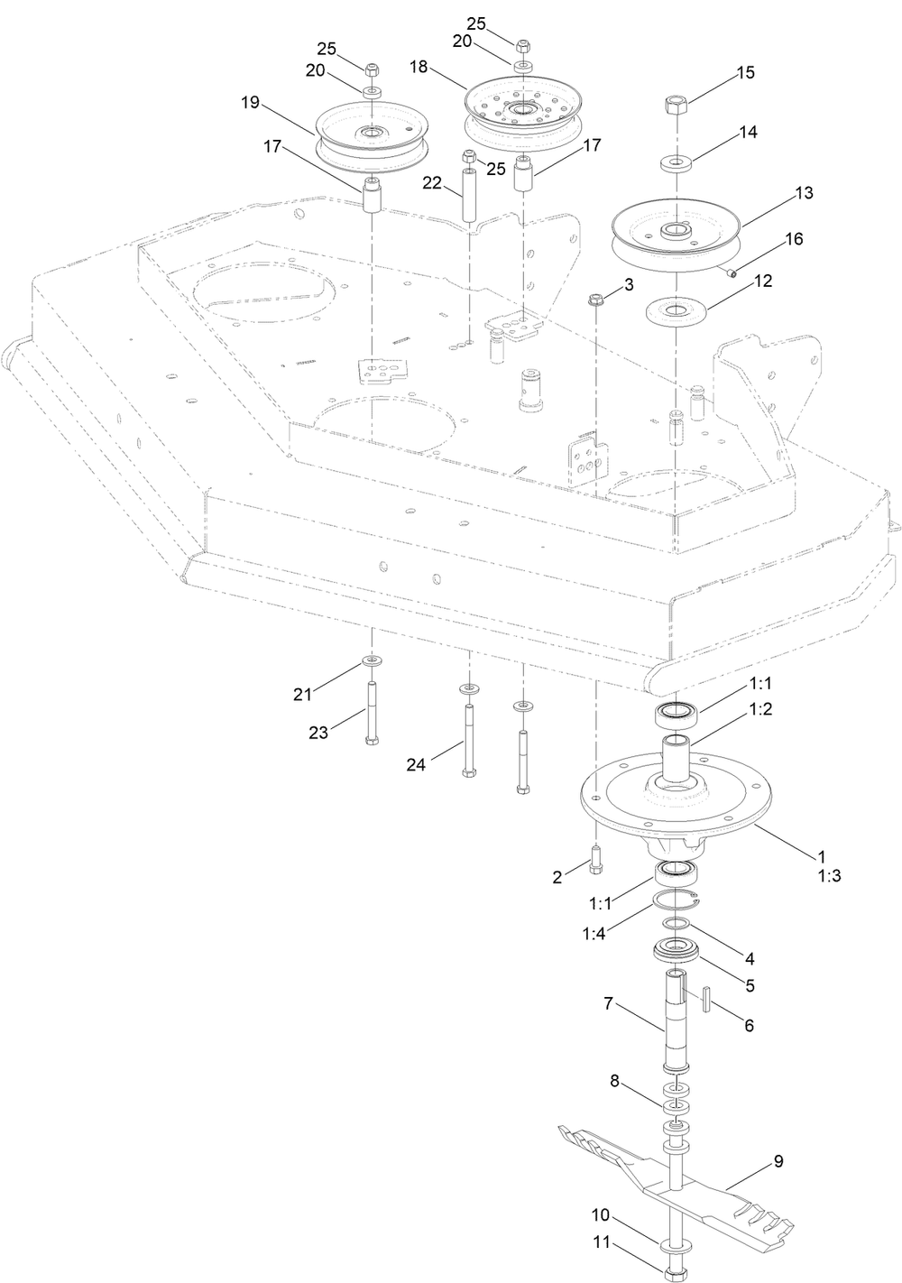 Deck Spindle And Pulley Assembly Diagram and Parts List for 02712 410000000-999999999 Toro Lawn Tractor