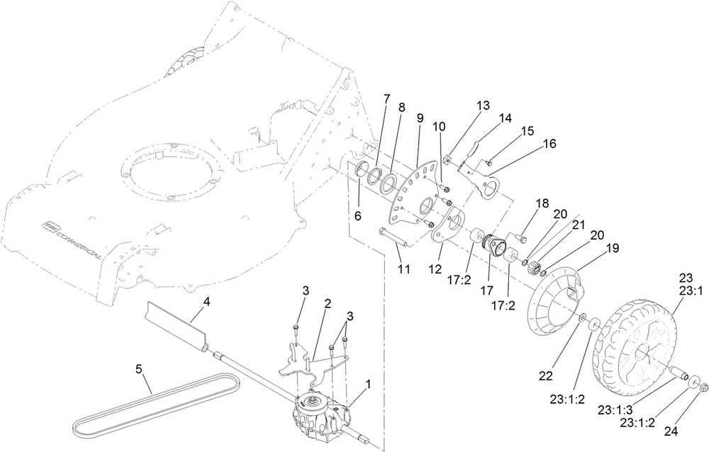 Transmission And Rear Wheel Assembly Diagram and Parts List for 22283 400000000-999999999 Toro Lawn Mower